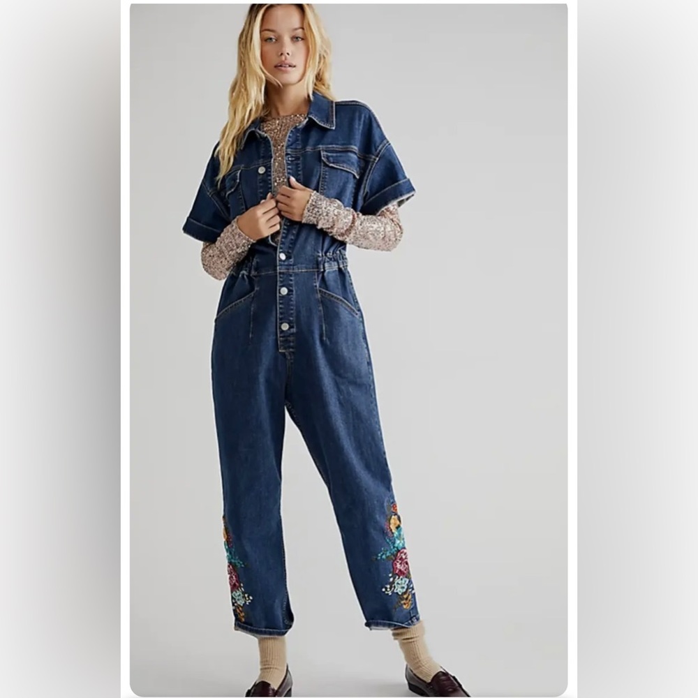 Driftwood floral embroidered denim jumpsuit